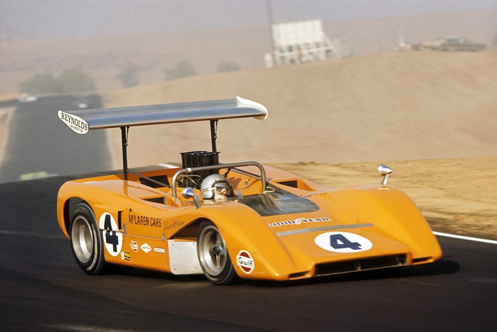 The McLaren M8B won 11 of 11 Can-Am races, with Bruce, shown at Riverside that year, winning six
