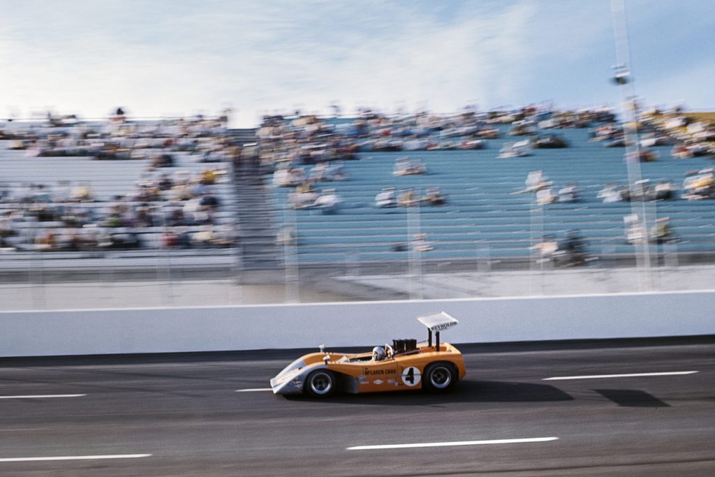 The McLaren-Chevrolet M8B running at speed in 1969 at Texas World Speedway