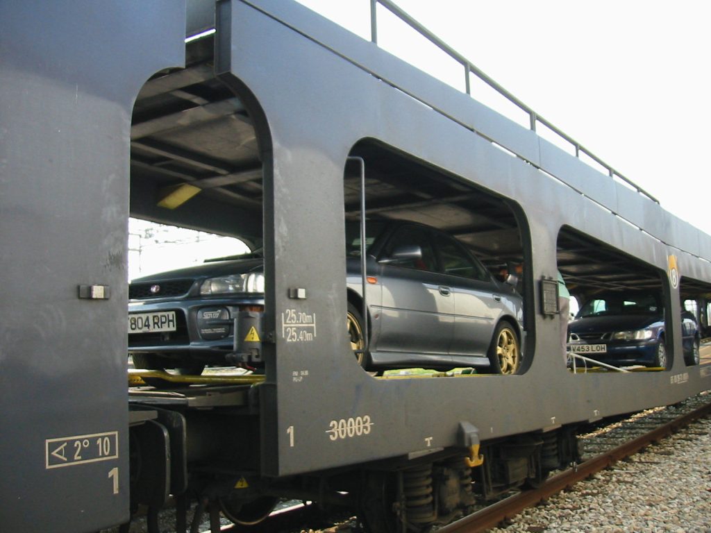 1999 Subaru Impreza STI on train