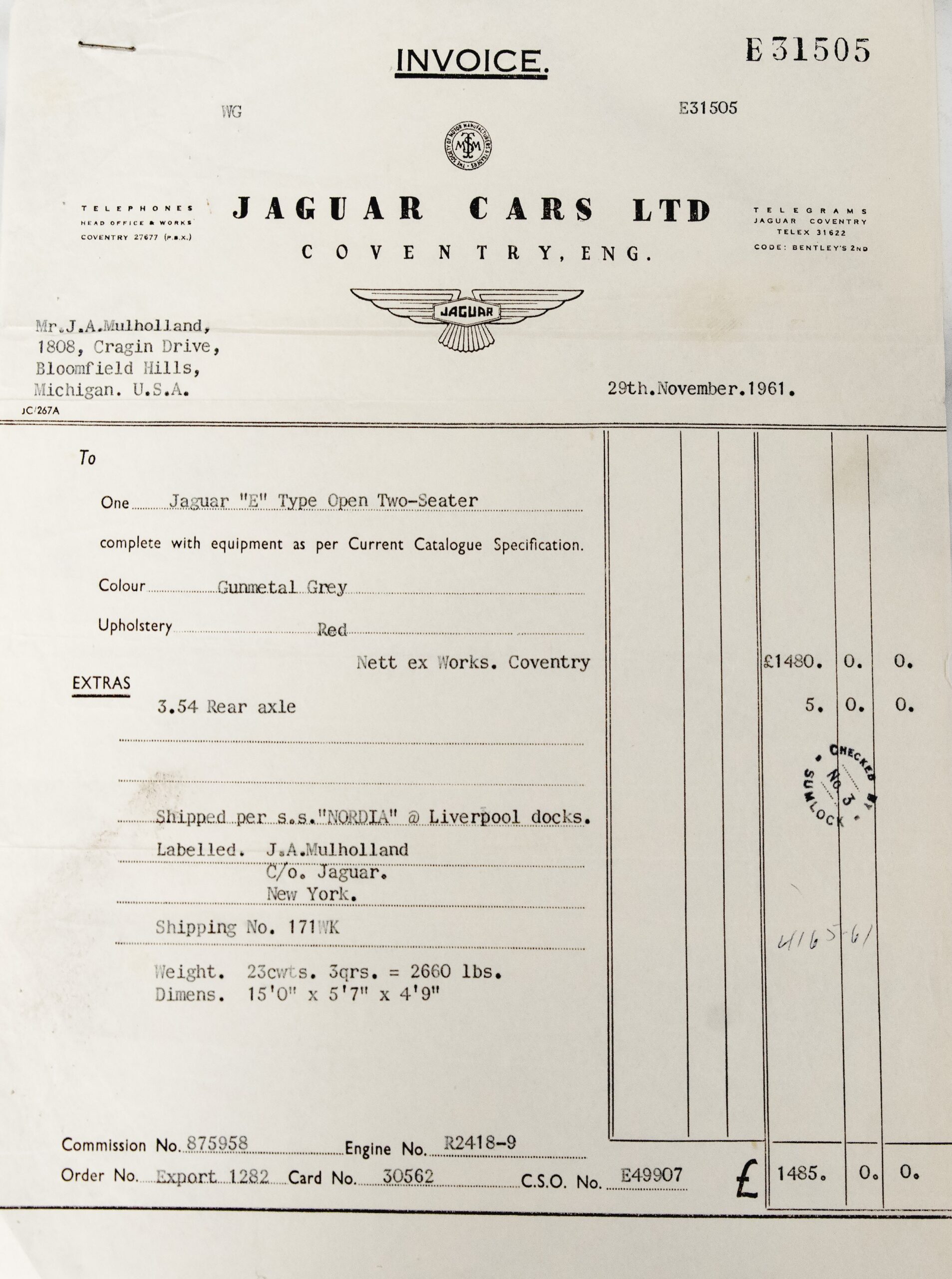 1961 Jaguar E-Type info invoice