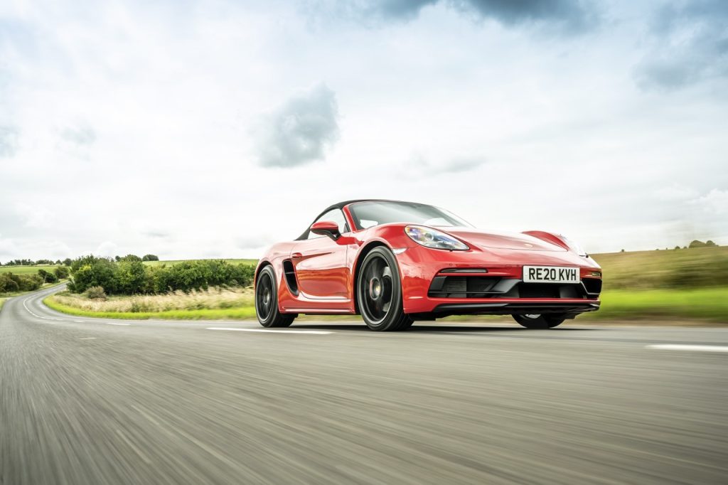 Porsche 718 Boxster GTS front 3/4 driving low