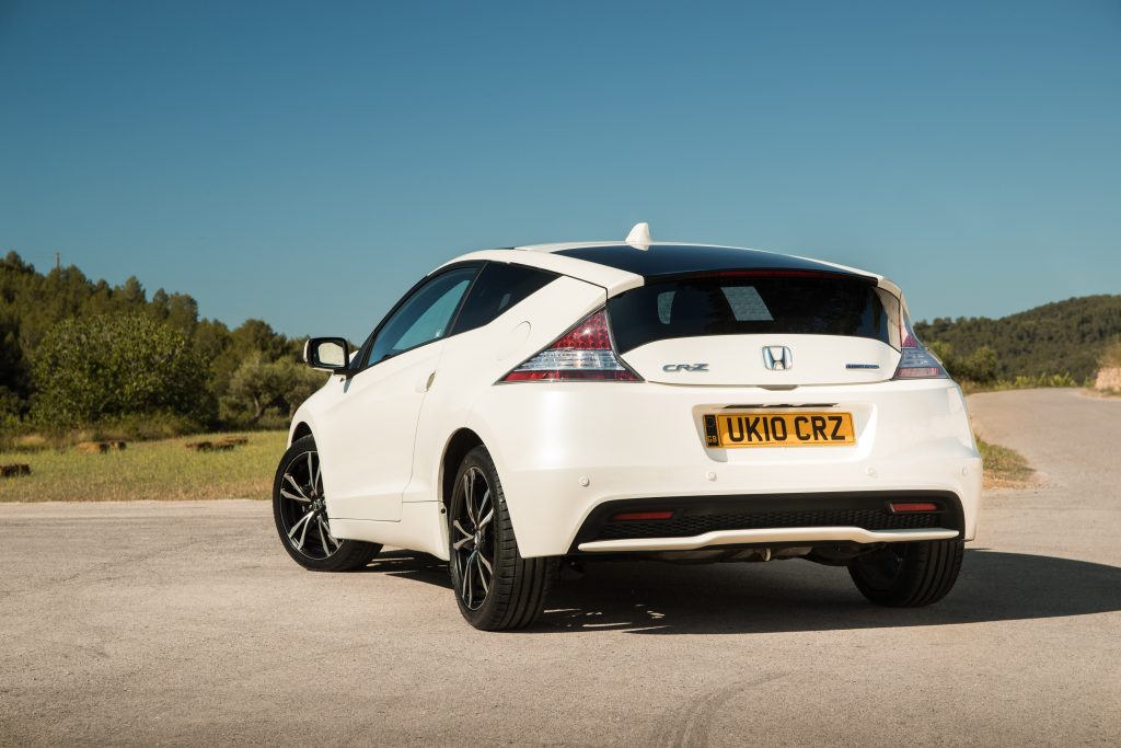 Rear view of white Honda CRZ