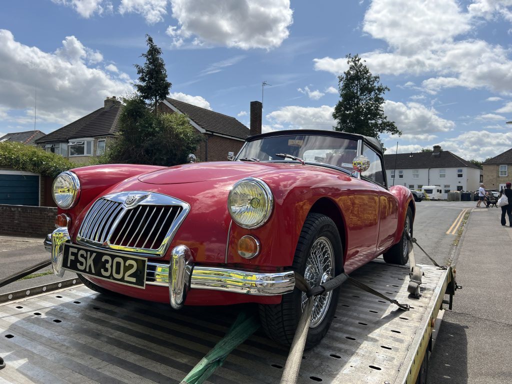 Front view of MGA on tow truck
