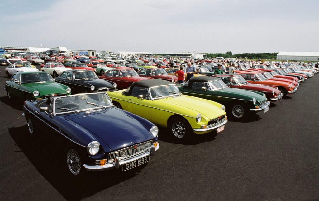 Display of MGB cars parked in carpark