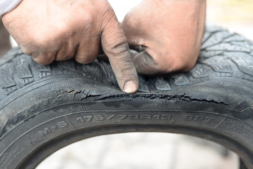 Cracked tyre sidewall on used tyre