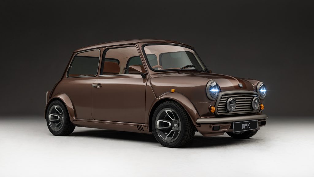 Side view of brown Wood & Pickett Mini car