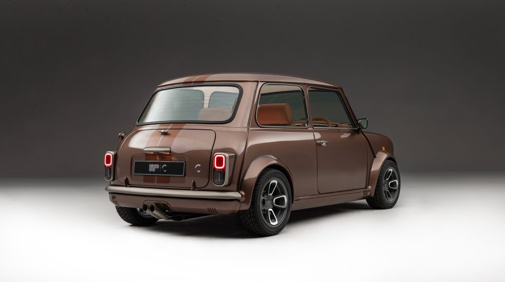 Rear view of brown Wood & Pickett Mini car