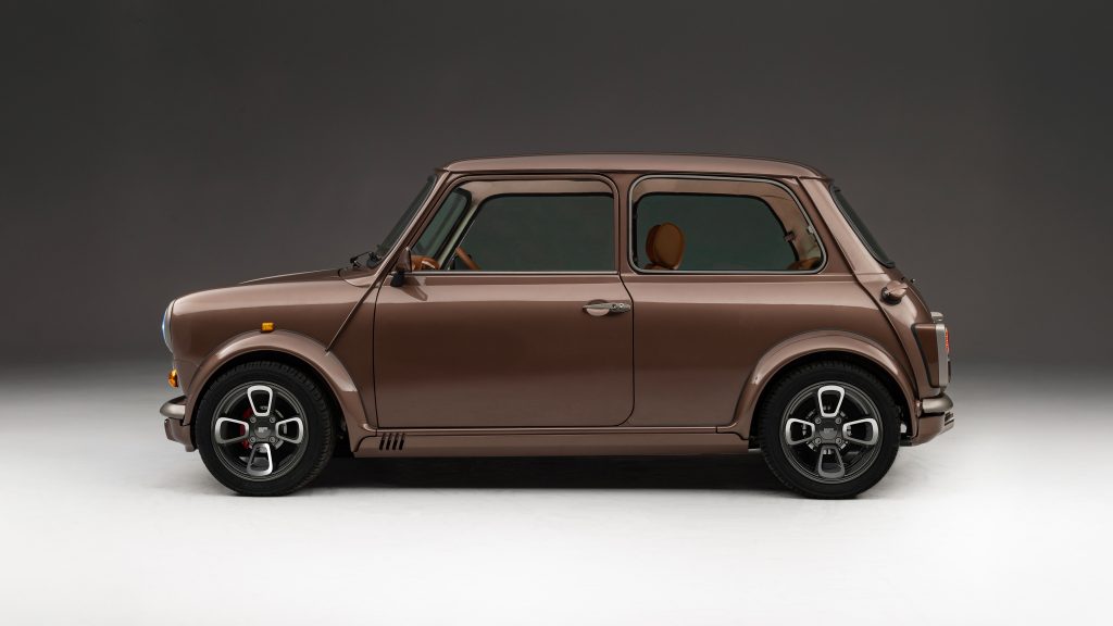 Side view of brown Wood & Pickett Mini car