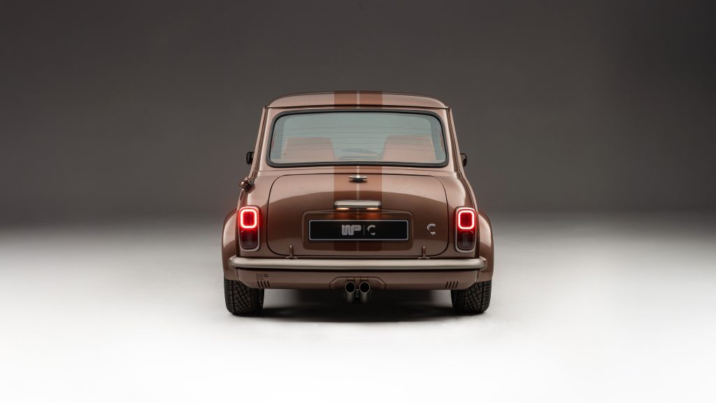 Rear view of brown Wood & Pickett Mini car