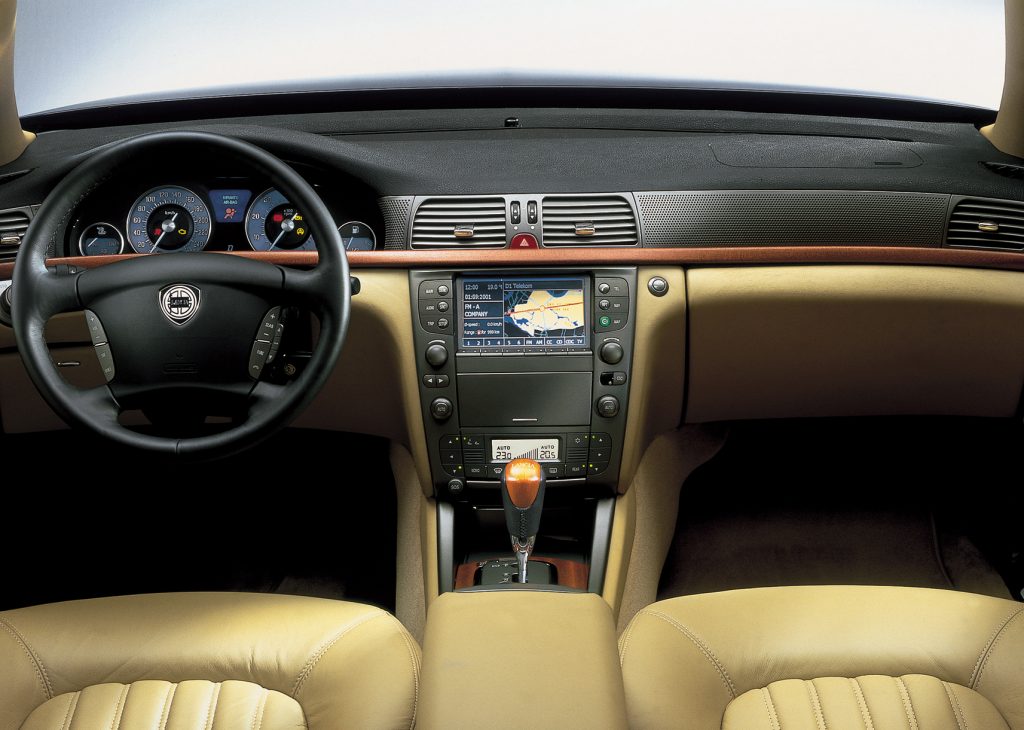 Car dashboard with cream leather front seats