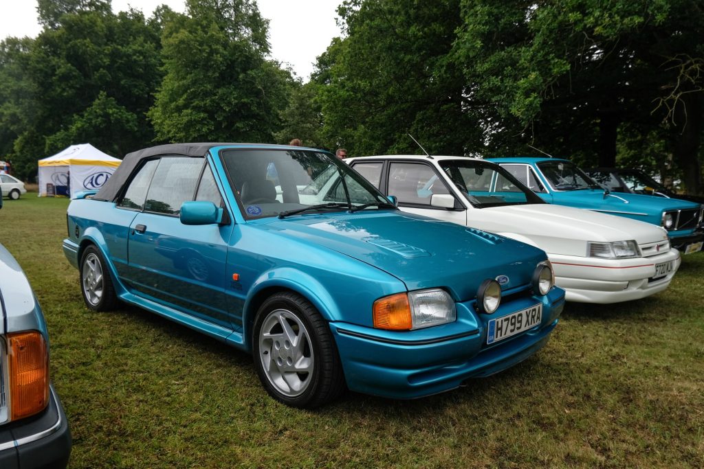 Three cars parked in a row in grass field with trees behind
