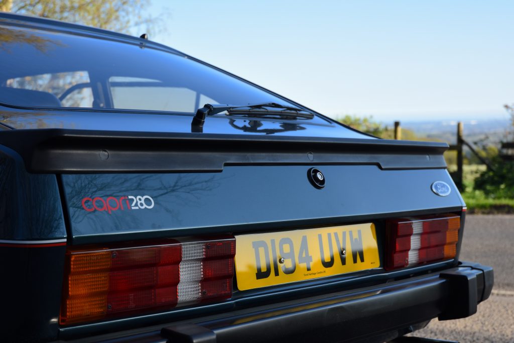 Close up of the rear of a green Ford Capri 280
