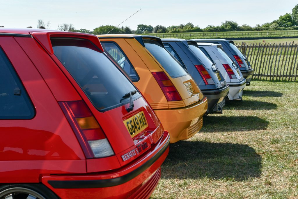 The rear ends of five Renault cars parked in a field in a row