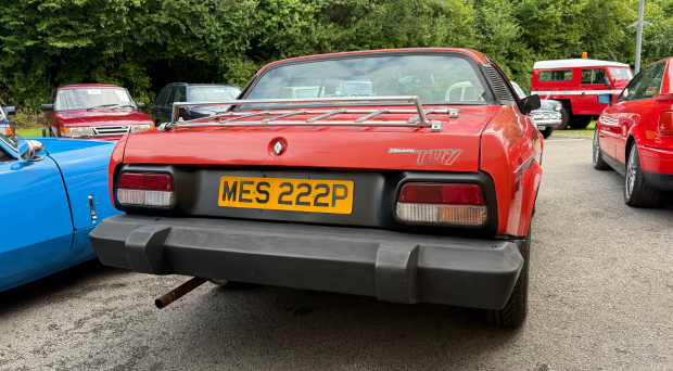 Rear view of a red classic car