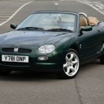 Front view of a green convertible MGF sports car