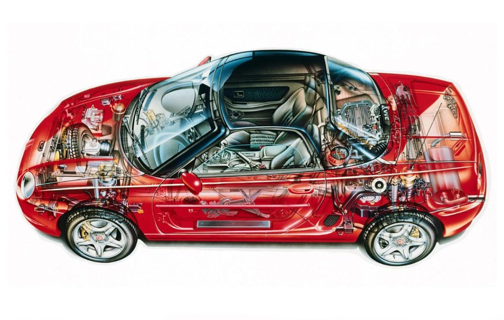 Blueprint drawing of a red sports car
