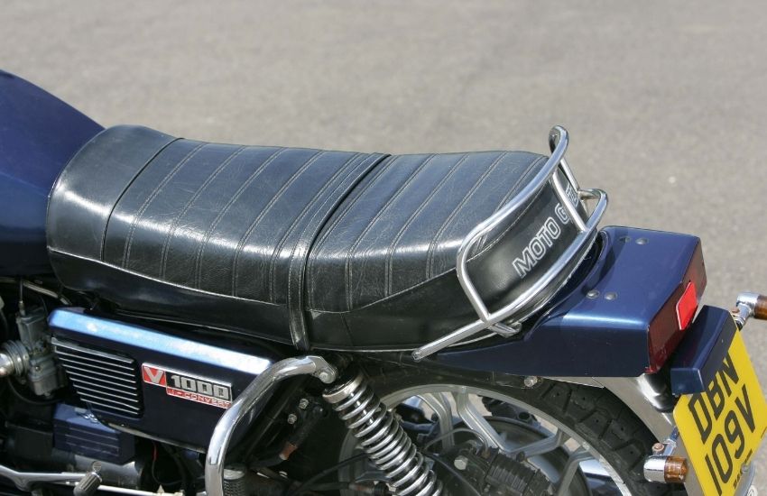 Rear black leather seat on a motorbike