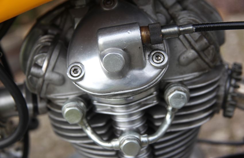 Close up of single-cylinder bevel-drive motorcycle engine