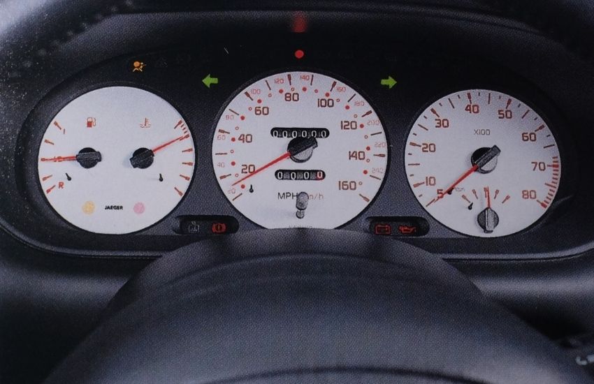 Close up of a car dashboard showing the speedometer and rev counter