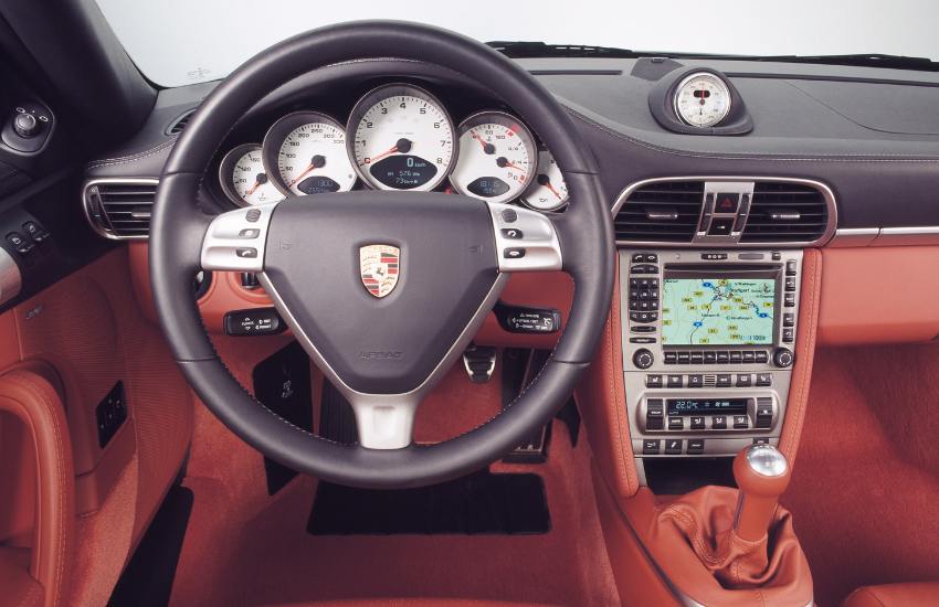 Black and red leather interior cabin of a car