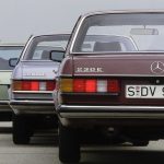 Rear view of three Mercedes-Benz classic cars parked in a row