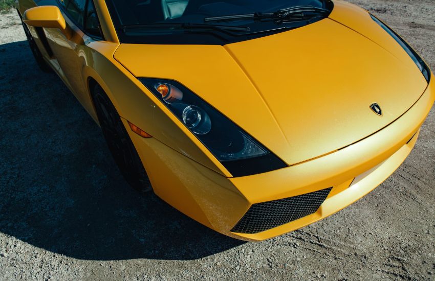 Top down view of a yellow Lamborghini Gallardo bonnet