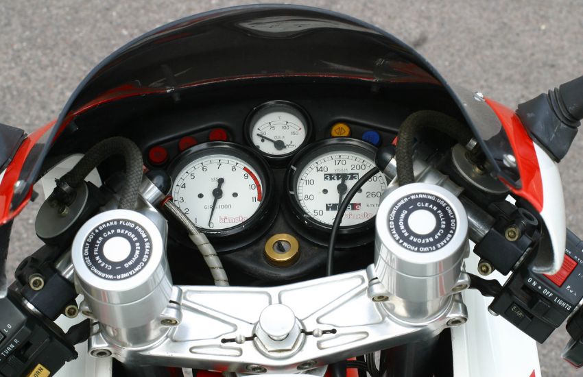 Handlebars and instrument cluster of a Bimota classic motorbike