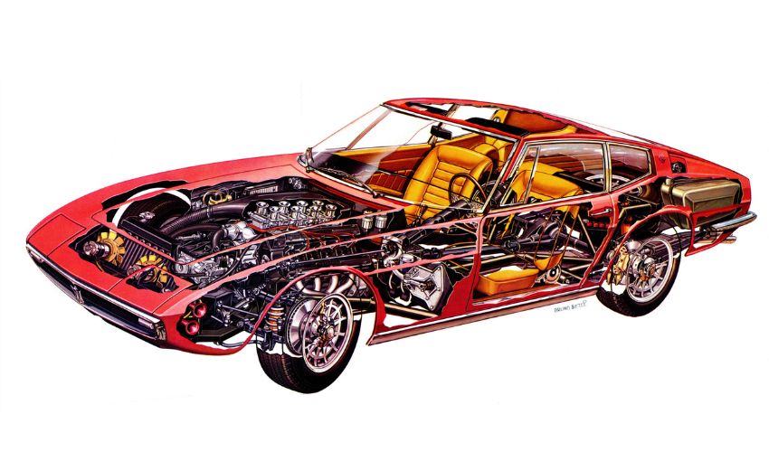 Technical cutaway illustration of a classic Maserati Ghibli sports car