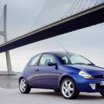 Metallic blue Ford Ka parked in front of a suspension bridge