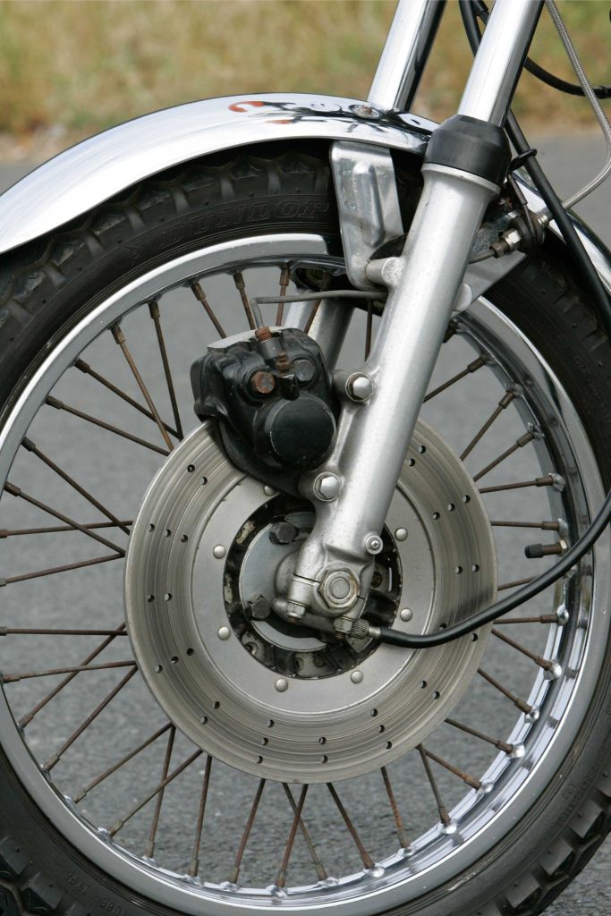 Front wheel of a Kawasaki classic motorcycle