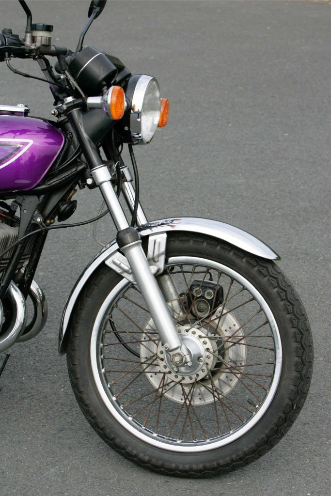 Front wheel of a Kawasaki classic motorcycle