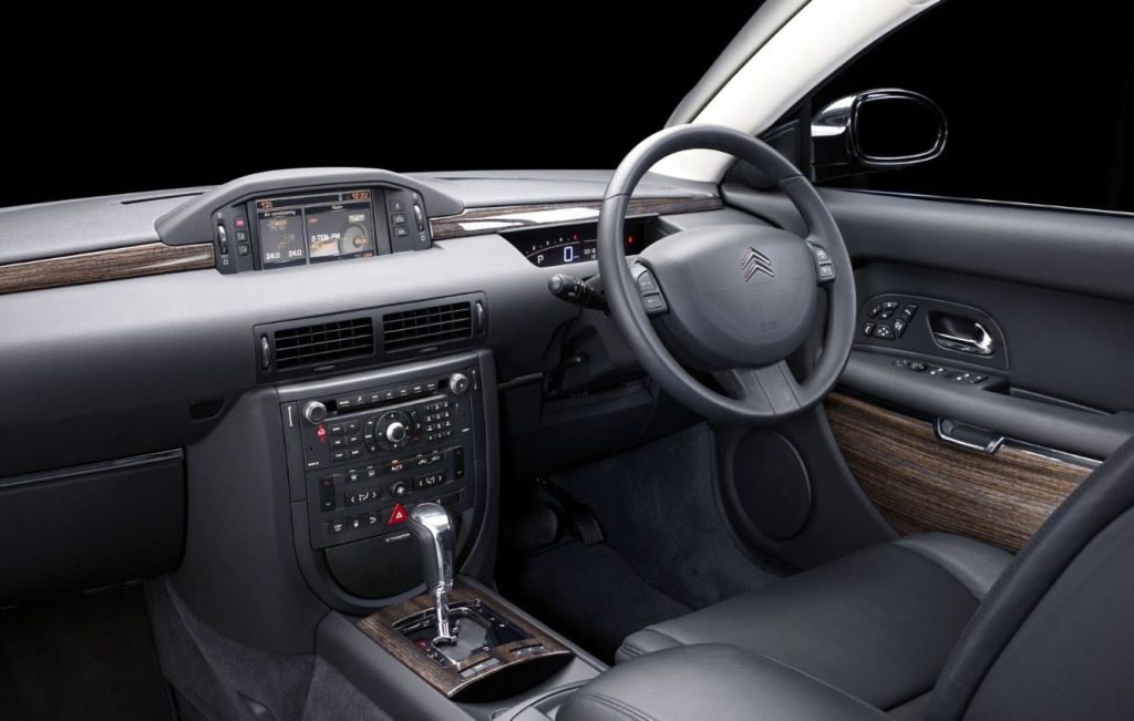 Black leather interior cabin of a Citroen car