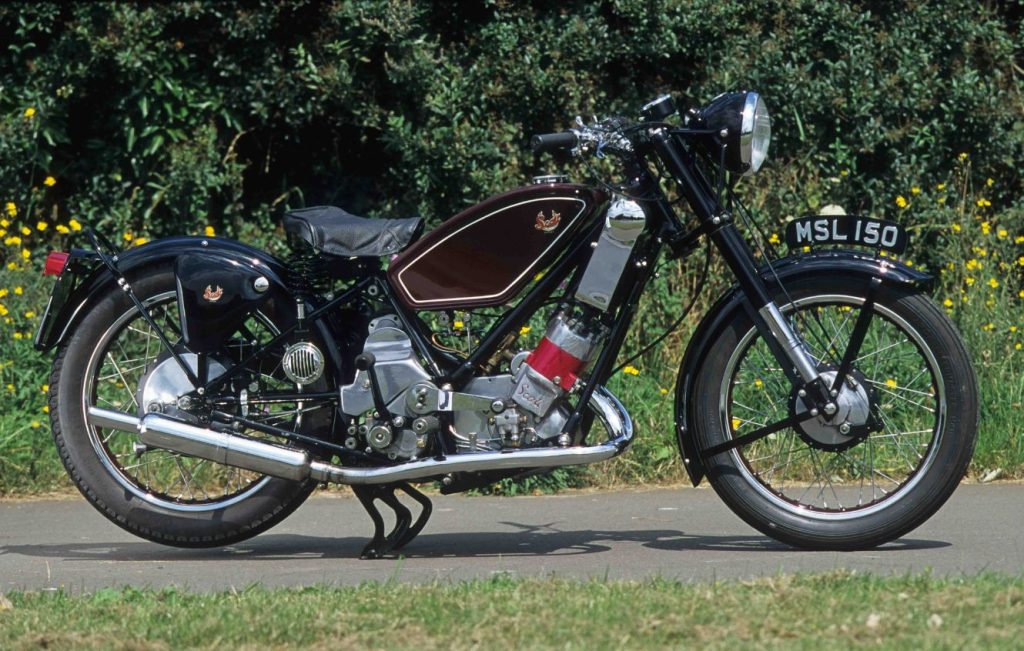 Scott Flying Squirrel classic motorcycle parked on a country road