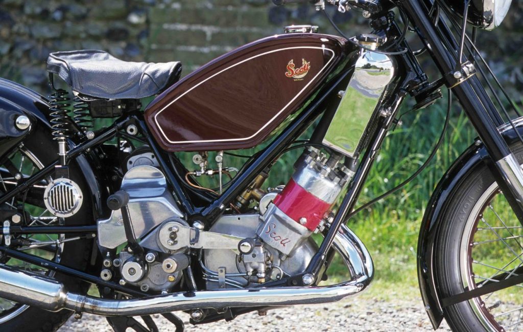 Water-cooled twin engine of a Scott Flying Squirrel classic motorcycle