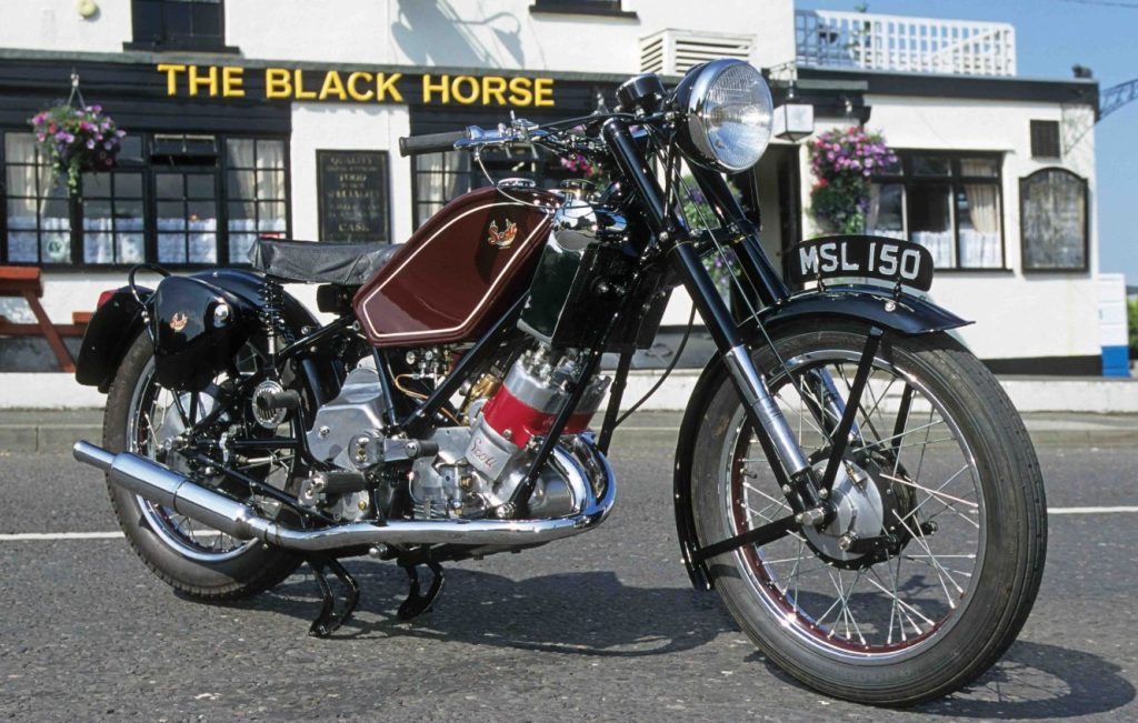 Scott Flying Squirrel classic motorbike parked up in front of a pub