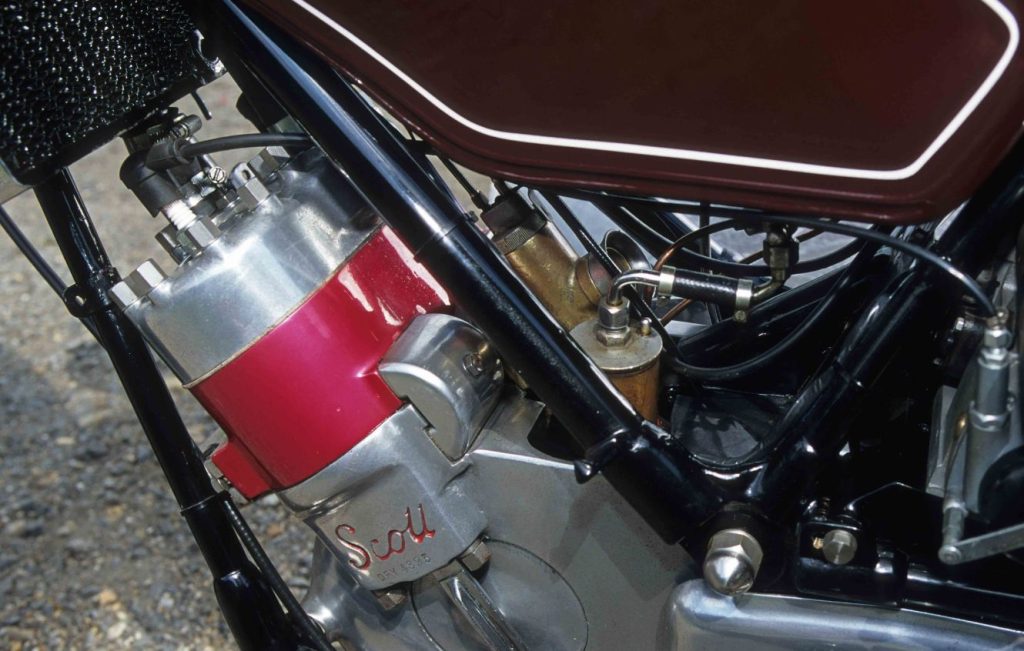 Side view of an engine and radiator on a classic motorcycle