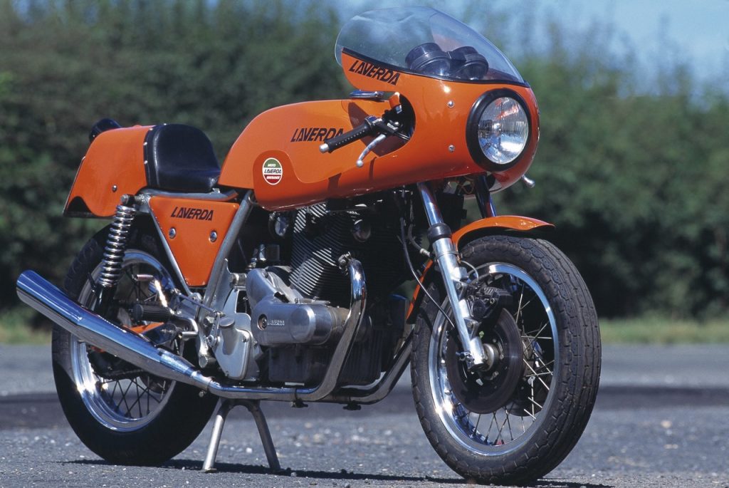 Orange Laverda 750 SFC classic motorbike parked up on a roadside