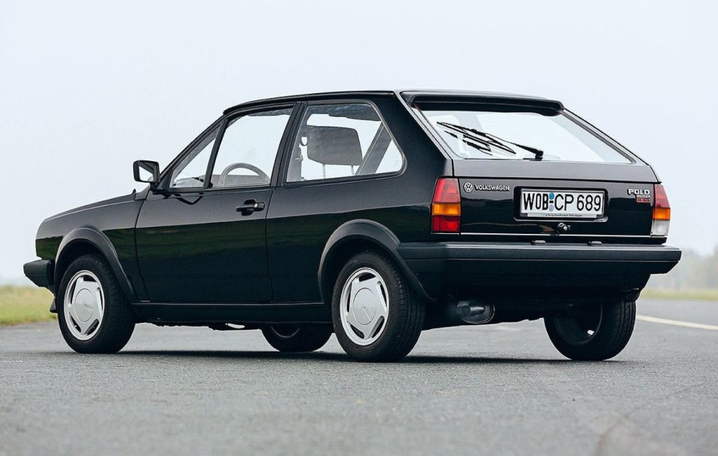 Rear view of a parked black Volkswagen Polo G40