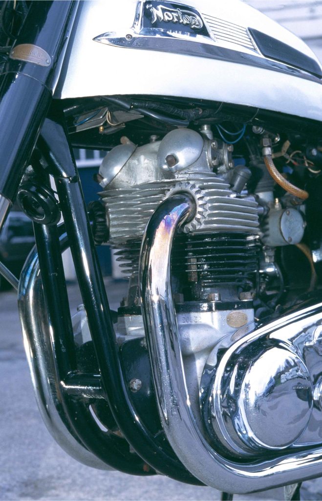 Detail of Norton Dominator 88 rear suspension and swingarm, Featherbed-era British motorcycle chassis