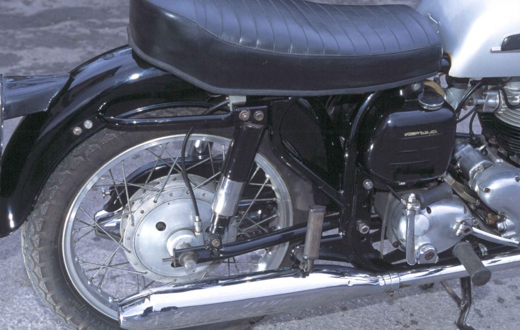 Norton Dominator 88 saddle and seat unit detail, restored vintage British motorcycle in black finish