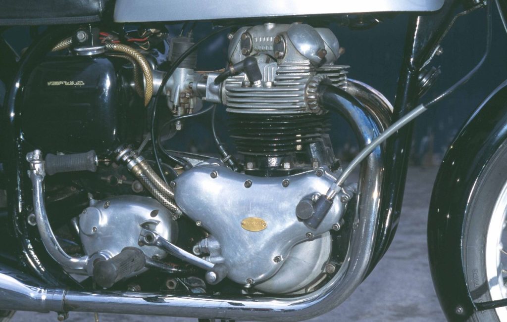 Norton Dominator 88 carburettor and intake detail on air-cooled OHV parallel twin British motorcycle engine
