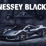 Hennessey Blackbird hypercar in a dimly lit aircraft hangar with a Lockheed SR-71 Blackbird spy plane in the background