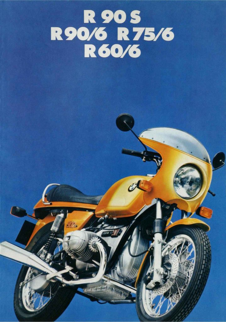 BMW R90S brochure cover in gold against a vivid blue background, showing the sporty half-fairing boxer twin alongside model listings for R90/6, R75/6 and R60/6