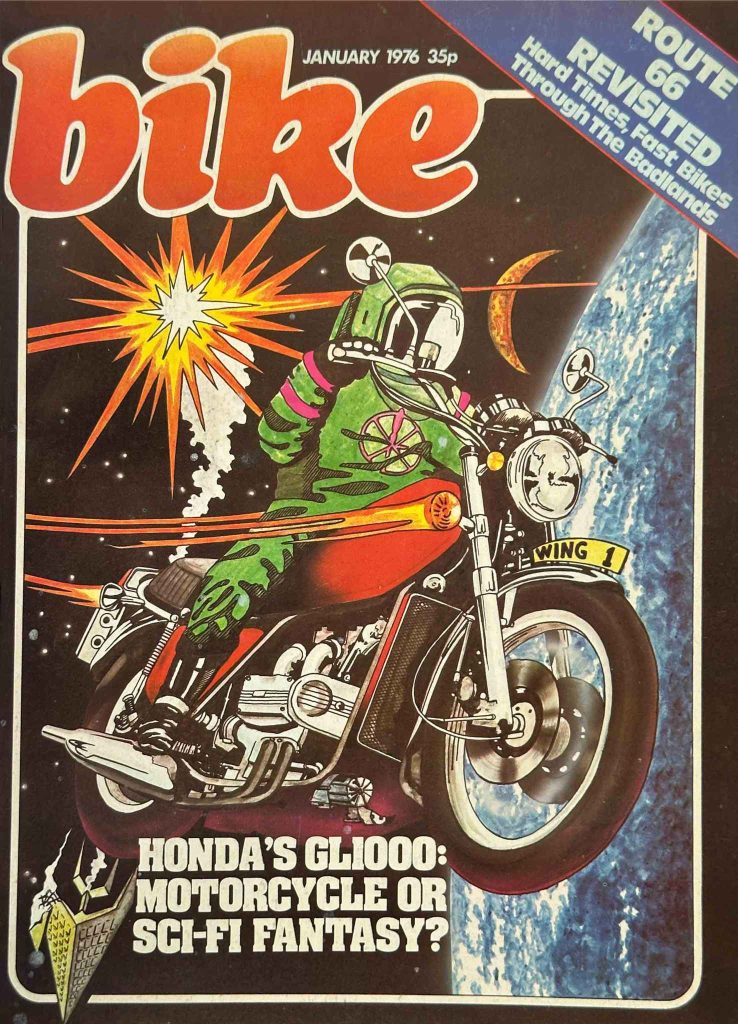 Bike magazine January 1976 cover featuring a sci-fi illustrated astronaut rider on the Honda GL1000 Gold Wing in space, asking 'Motorcycle or sci-fi fantasy?