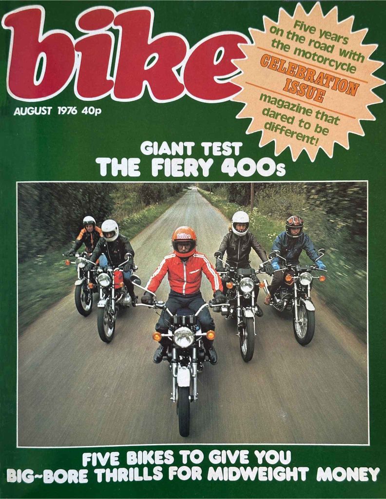 Bike magazine January 1976 cover, same edition as above, slightly different crop showing the full illustrated space scene and GL1000 Wing 1 number plate