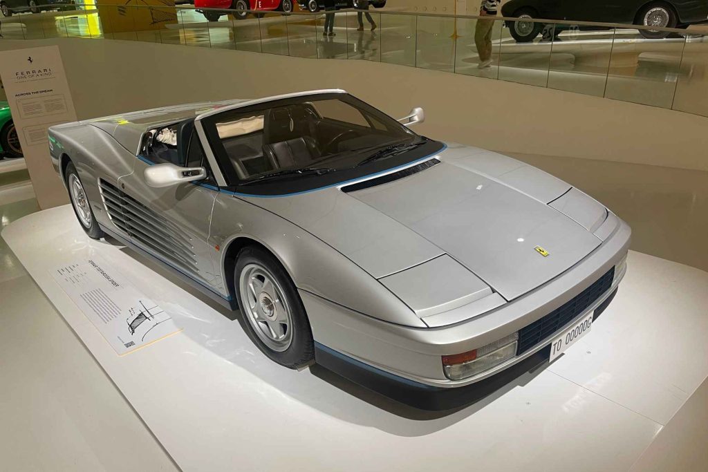 A silver Ferrari Testarossa Spider "one-of-a-kind" prototype displayed in the Ferrari Museum's special exhibitions wing