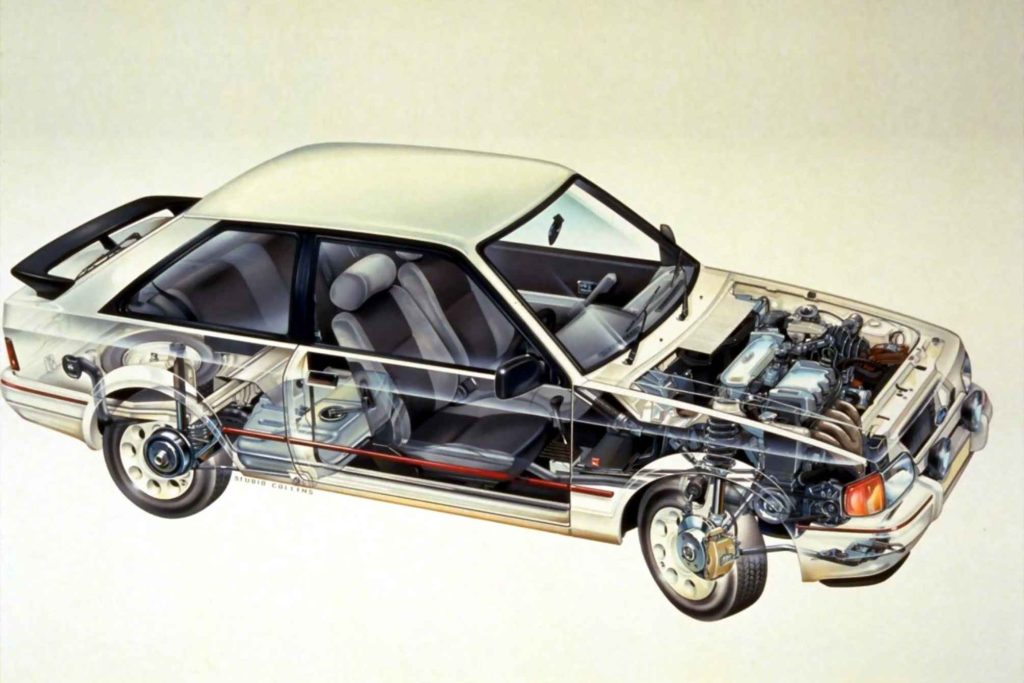 A cutaway technical illustration of a Ford Escort, showing the interior cabin, engine bay, drivetrain, suspension components, and mechanical systems through a transparent body shell.