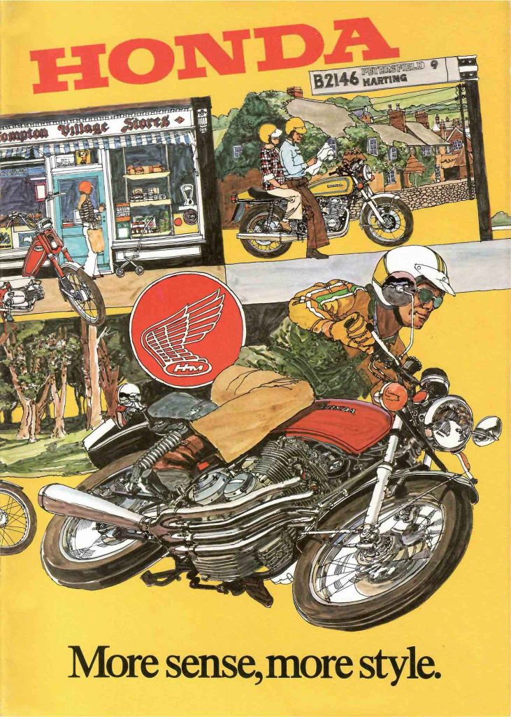 Honda UK brochure cover illustrated in yellow, depicting the CB400F and other models in a quintessentially British village scene, taglined 'More sense, more style