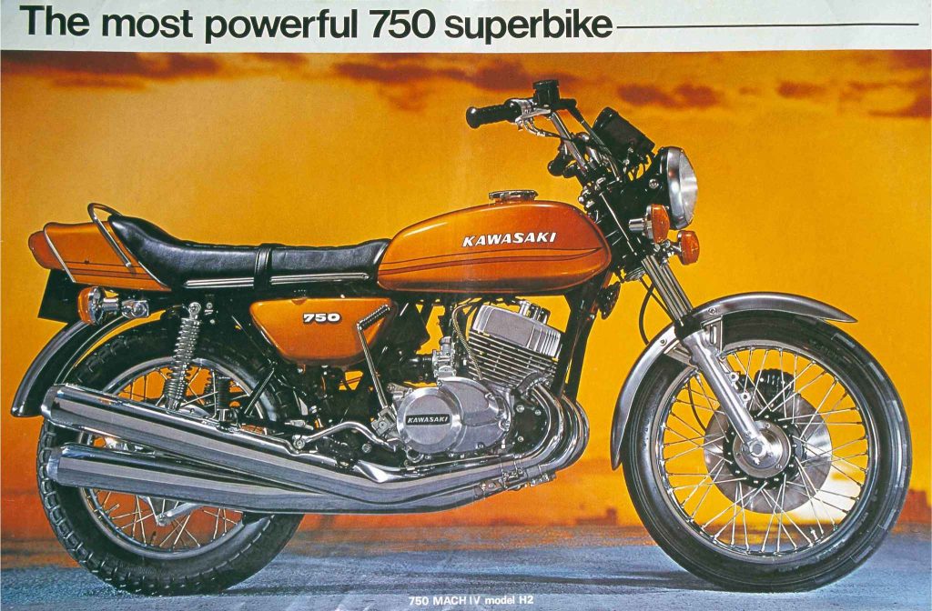Kawasaki 750 Mach IV H2 brochure image in orange, side-on studio shot against a sunset background, headlined 'The most powerful 750 superbike