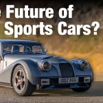 Man stood beside a Morgan Supersport 400 on a road, with the bold white text "The Future of Sports Cars?" overlaid at the top.
